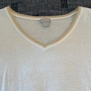 Chico's White Linen V-Neck Top with Gold Accents